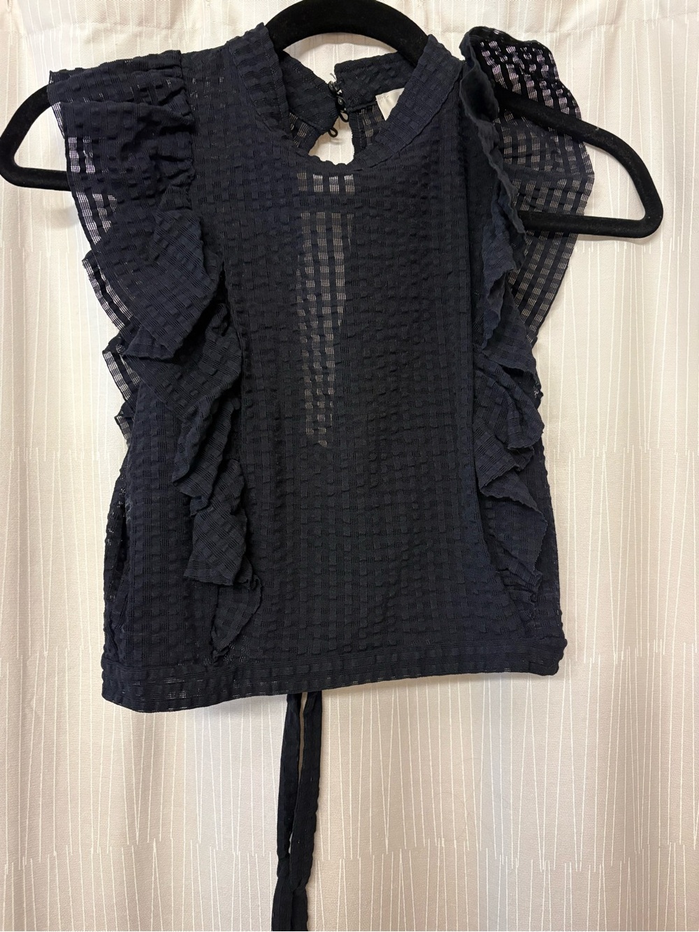 Maeve Navy Textured Ruffle Sleeveless Top